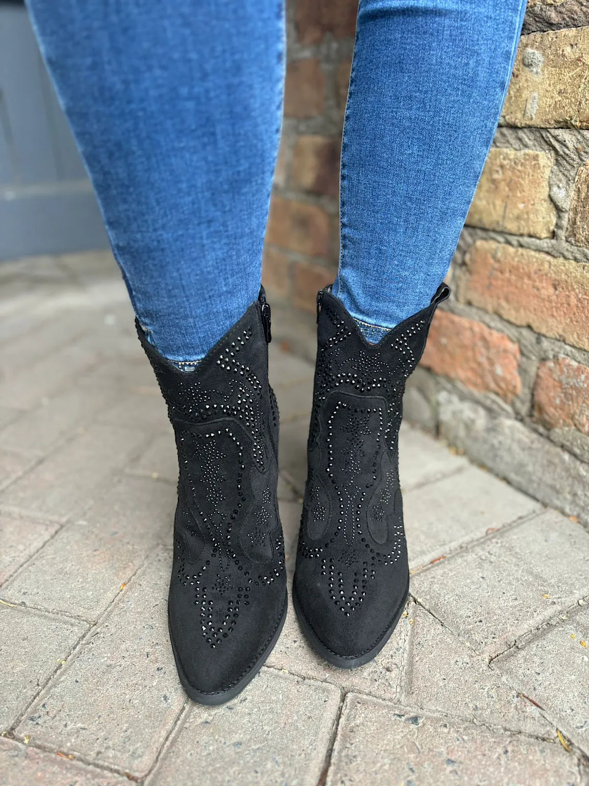 Black Diamante Embellished Western Boots