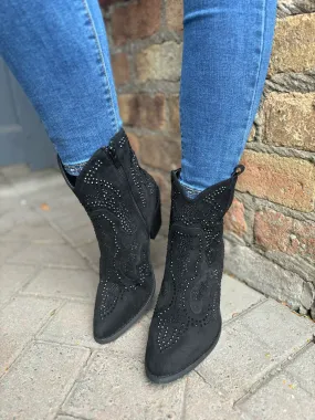 Black Diamante Embellished Western Boots