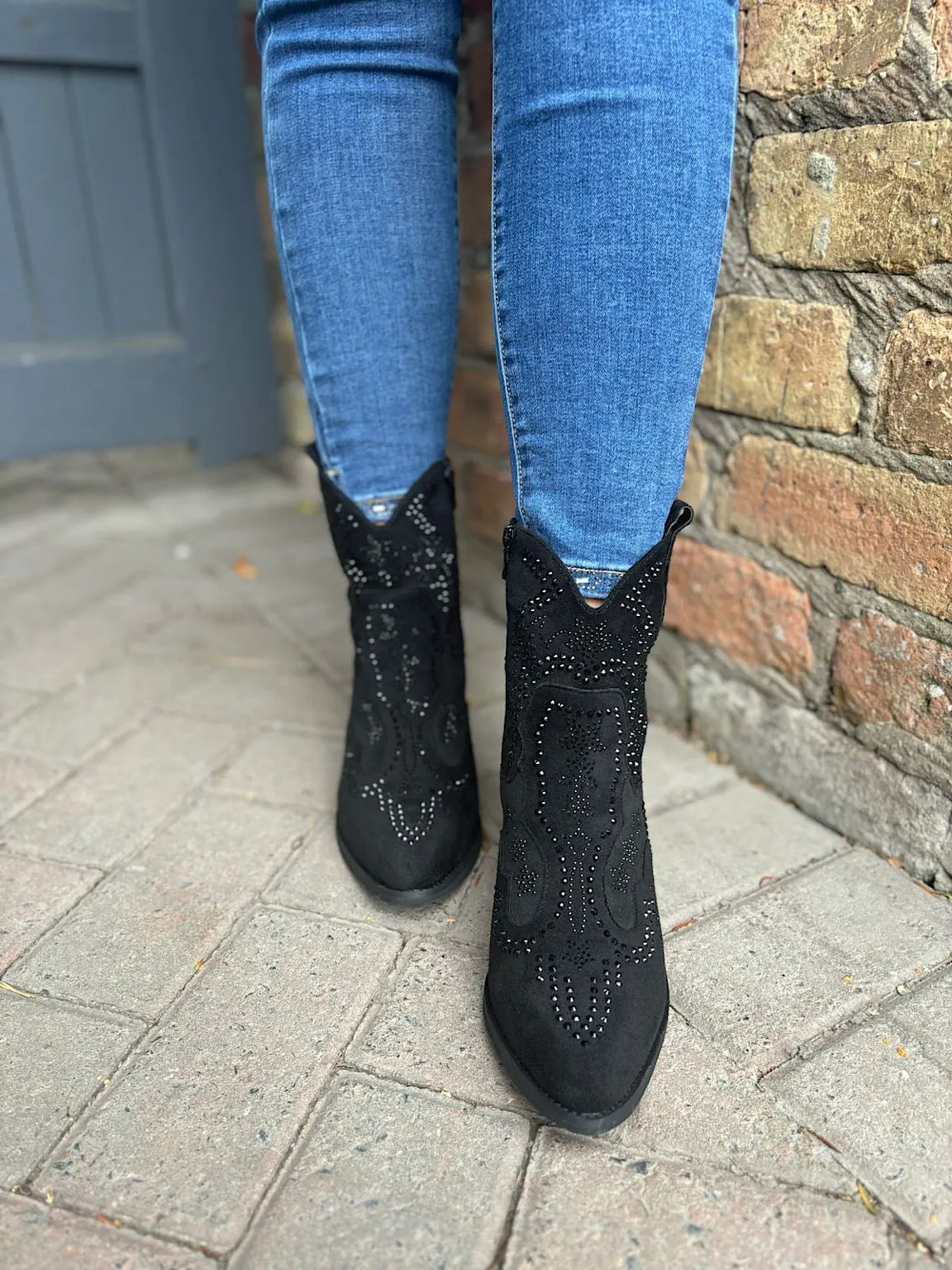 Black Diamante Embellished Western Boots