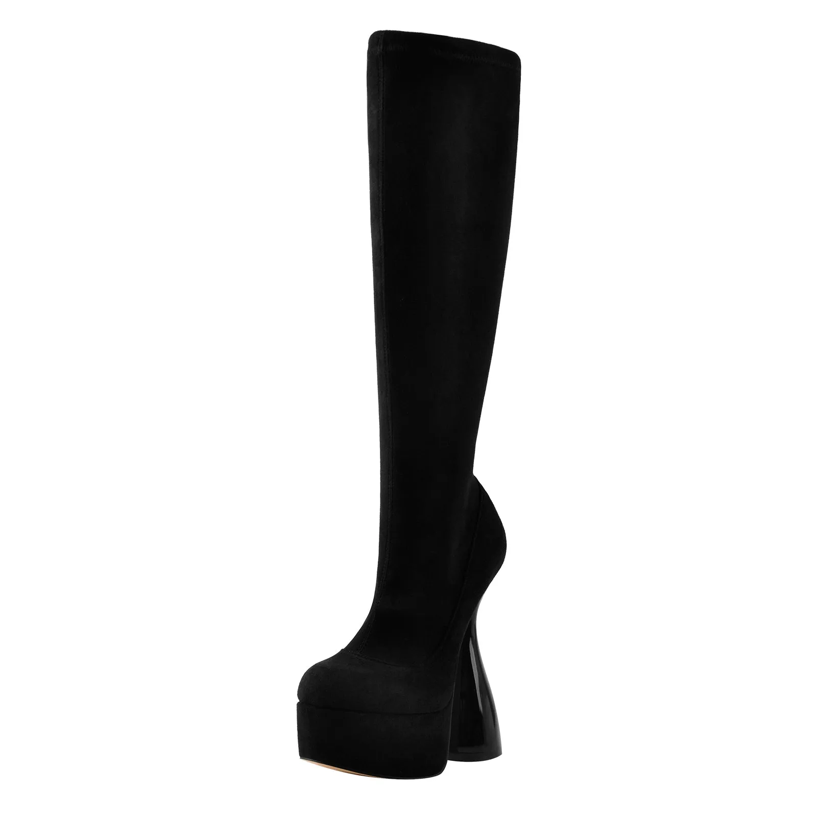 Black Round Toe Suede Platform High Heel Boots