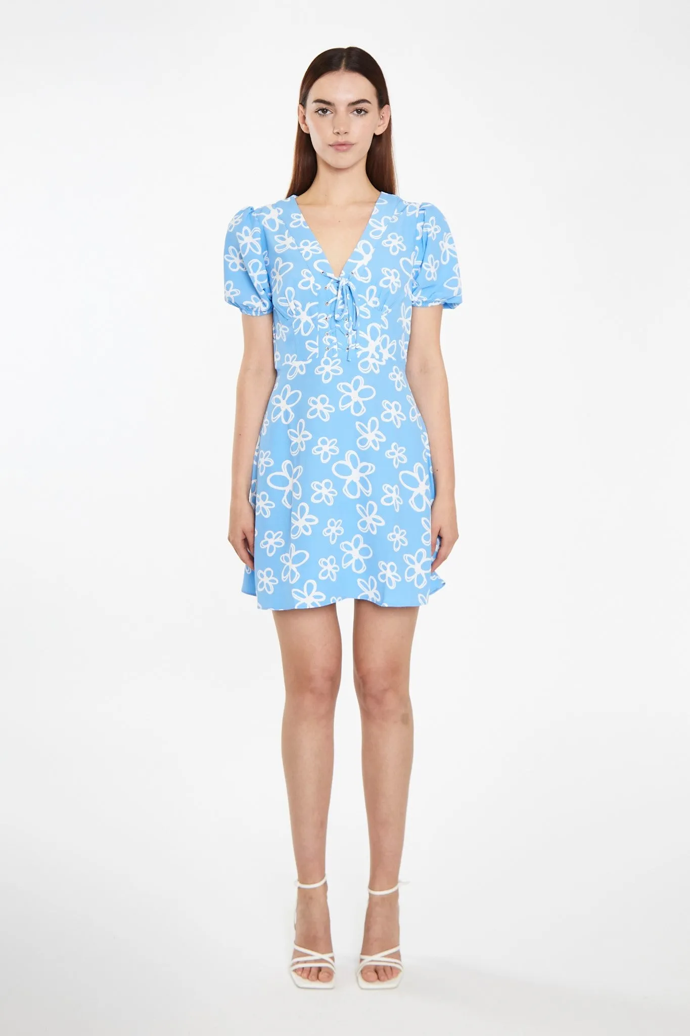 Blue Scribble-Daisy Lace-Up Front Mini-Dress