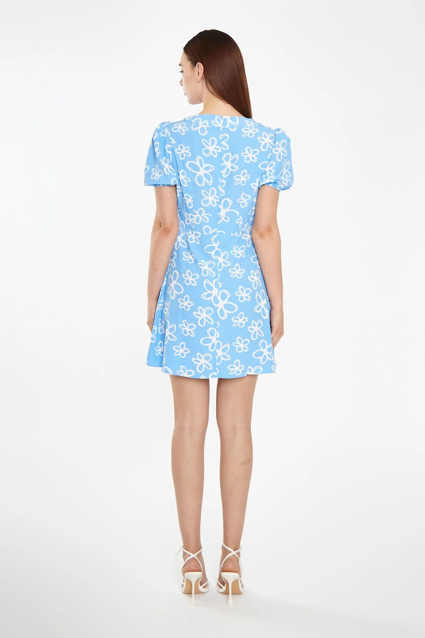 Blue Scribble-Daisy Lace-Up Front Mini-Dress