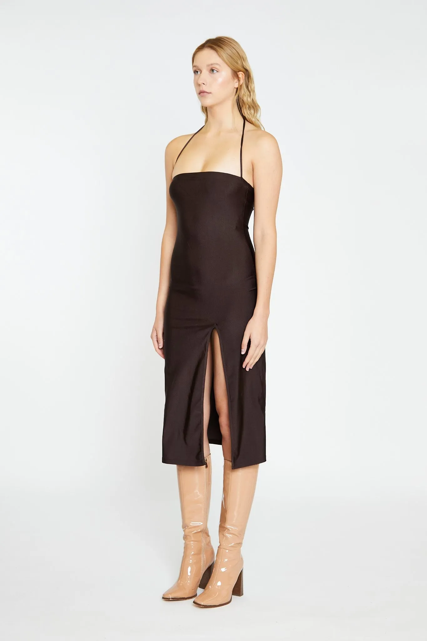 Dark Brown Square Halterneck Midi-Dress