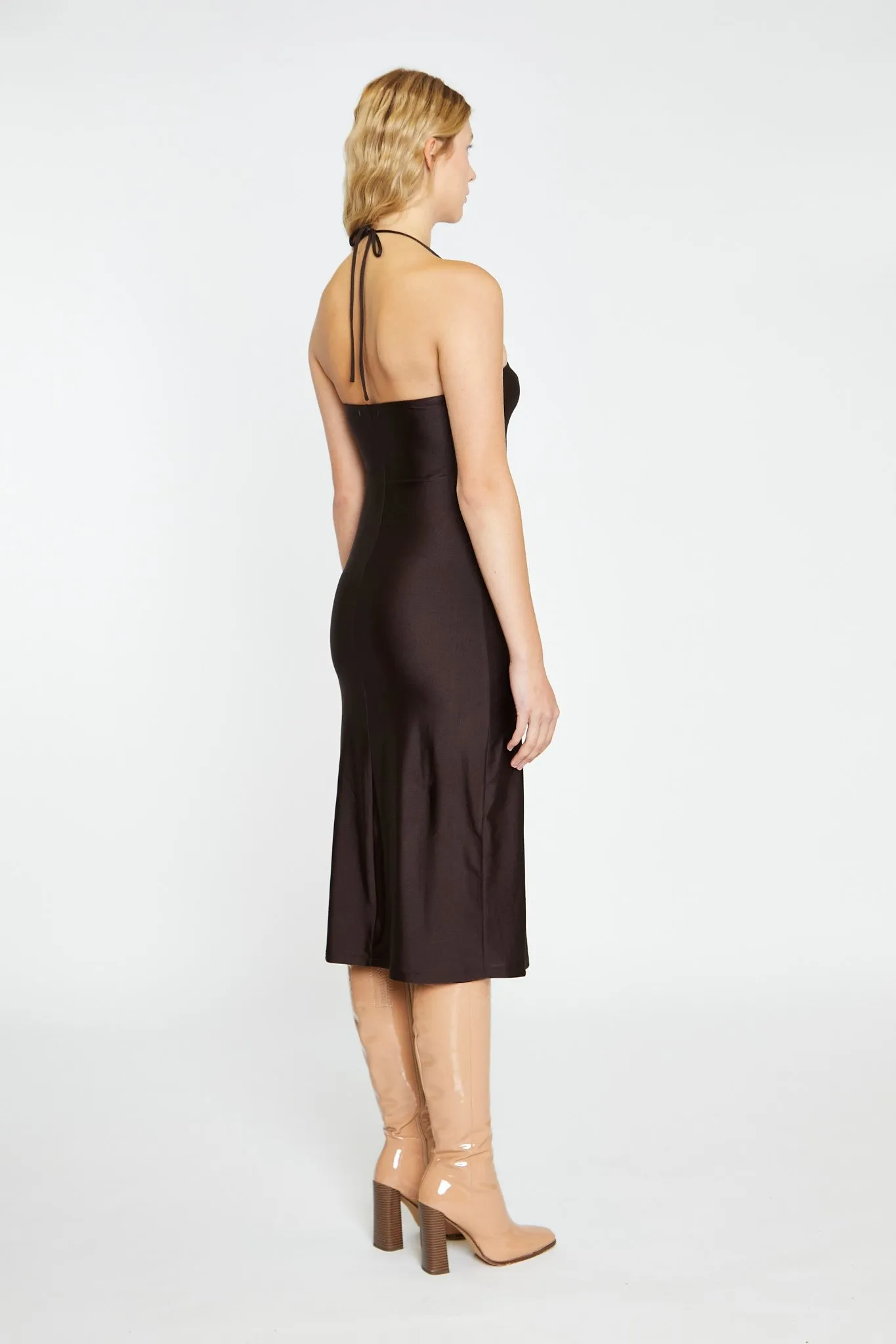 Dark Brown Square Halterneck Midi-Dress