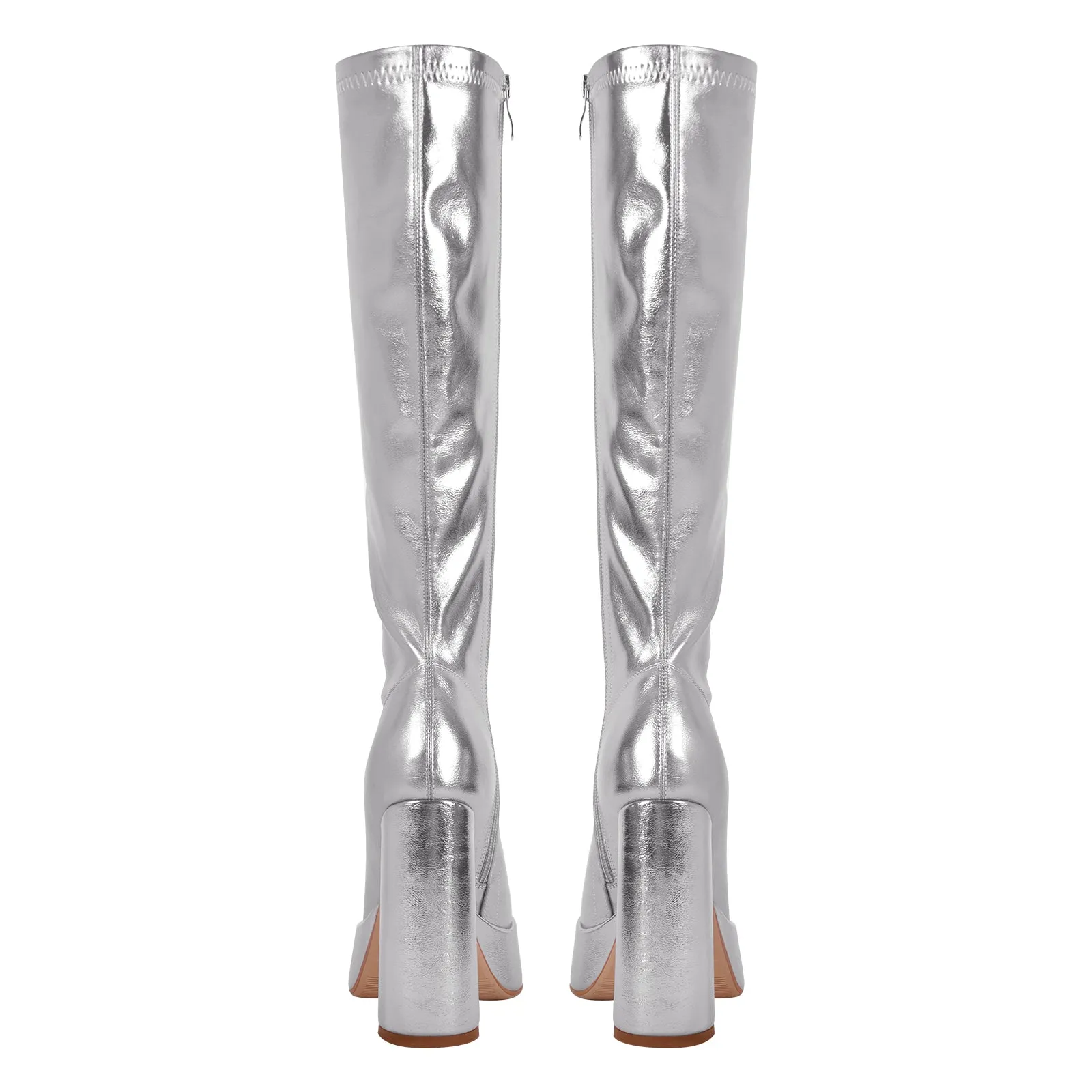 Metallic Leather Platform Chunky Heel Knee High Boots