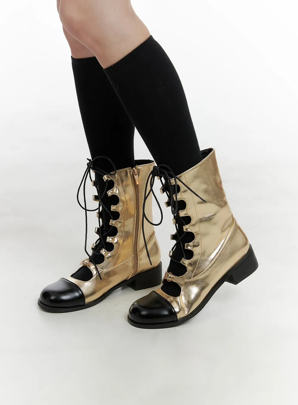 Metallic Patchy Lace-Up Chelsea Boots OM426