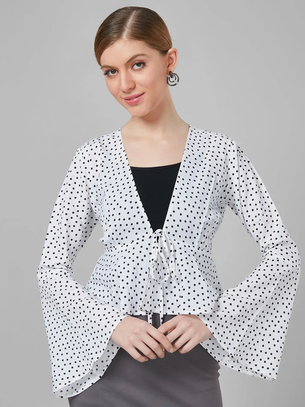 Style Quotient Women  White And Black Polka Dot Polyester Peplum Smart Casual Shrug