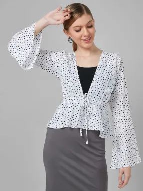 Style Quotient Women  White And Black Polka Dot Polyester Peplum Smart Casual Shrug