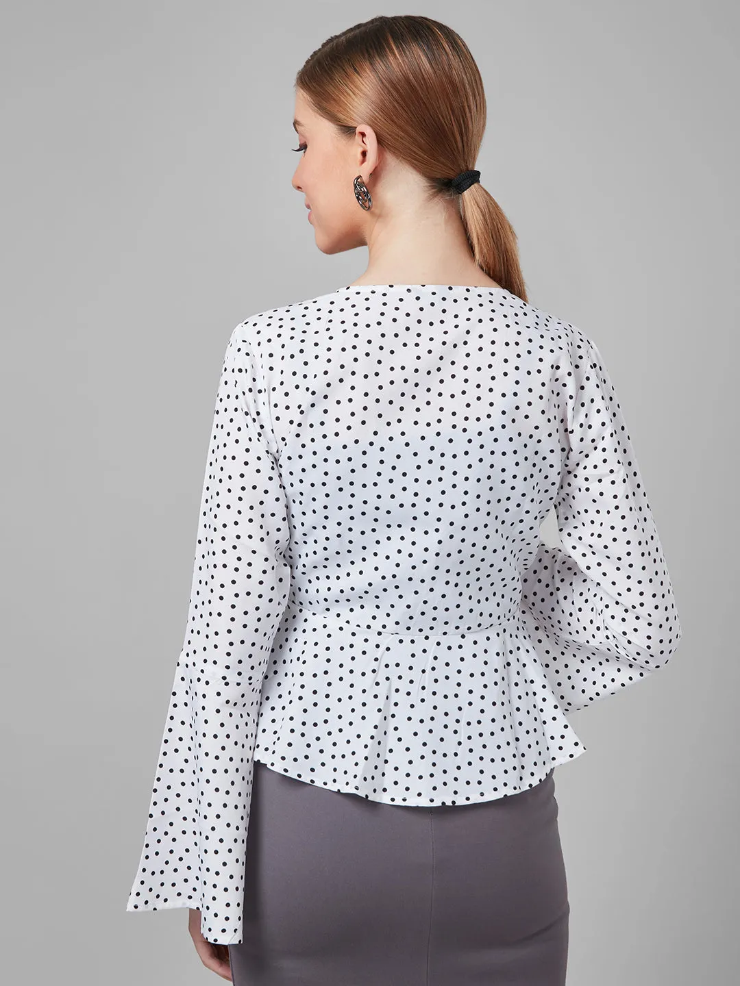 Style Quotient Women  White And Black Polka Dot Polyester Peplum Smart Casual Shrug