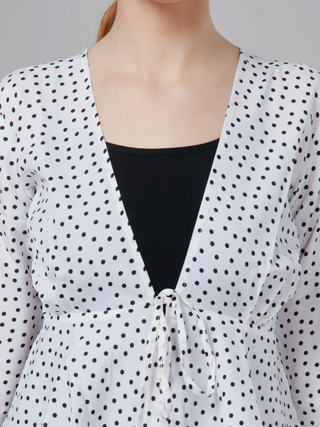 Style Quotient Women  White And Black Polka Dot Polyester Peplum Smart Casual Shrug