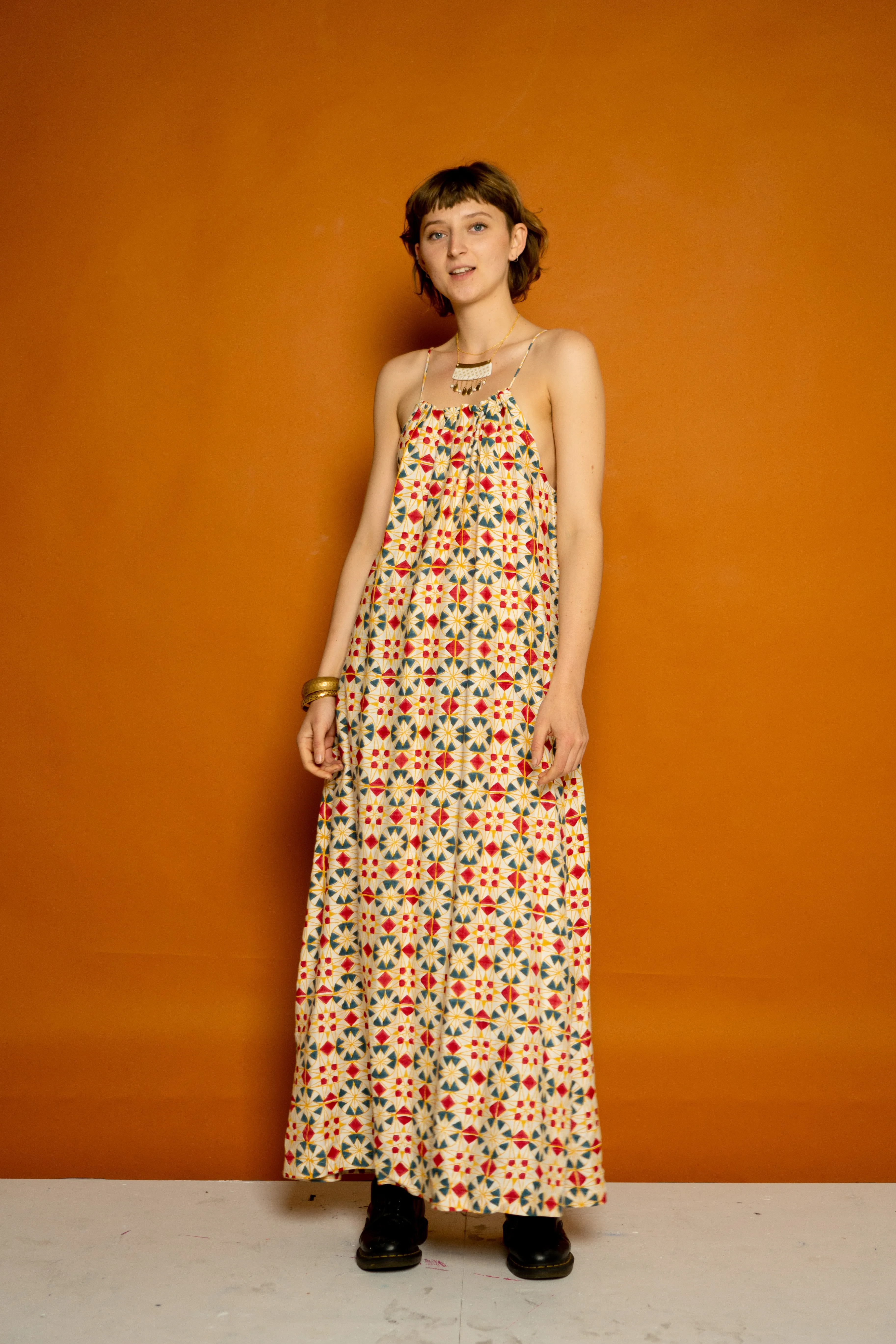 Tie Neck Maxi Dress- Parcheesi Print