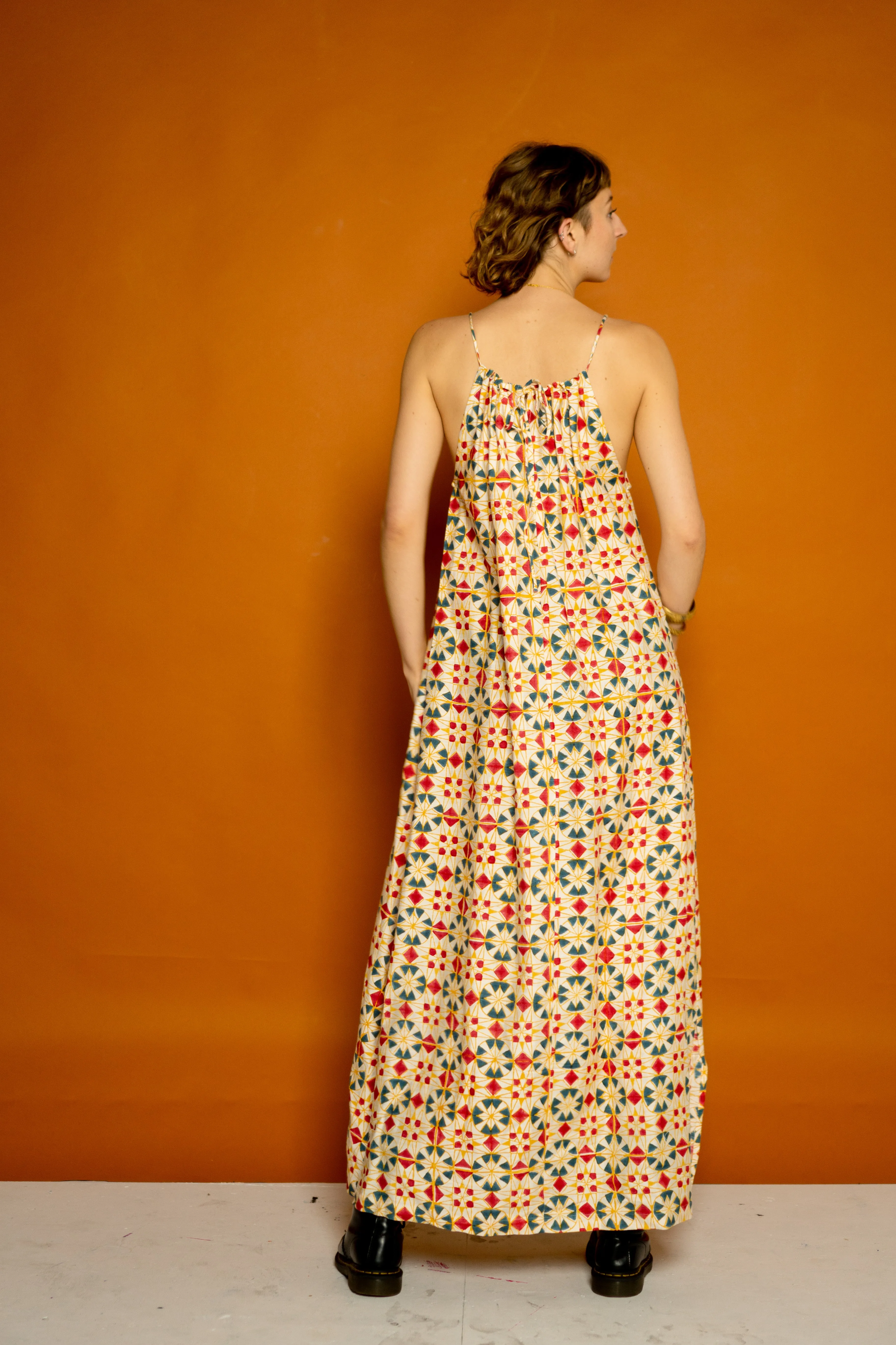 Tie Neck Maxi Dress- Parcheesi Print