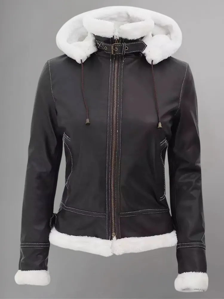 Women Hooded Bomber Shearling Leather Jacket