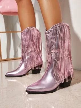 Women Shoes Ladies' Gorgeous & Fashionable Casual Western Boots With Tassel Decoration & Chunky Heel, Metallic Finish Valentines Day